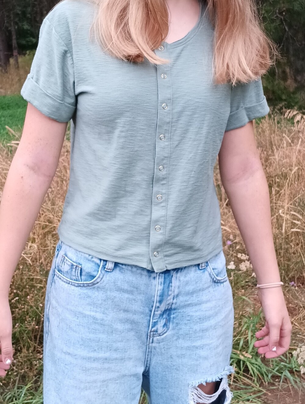SO Sage Green Cropped Button-Front Tee